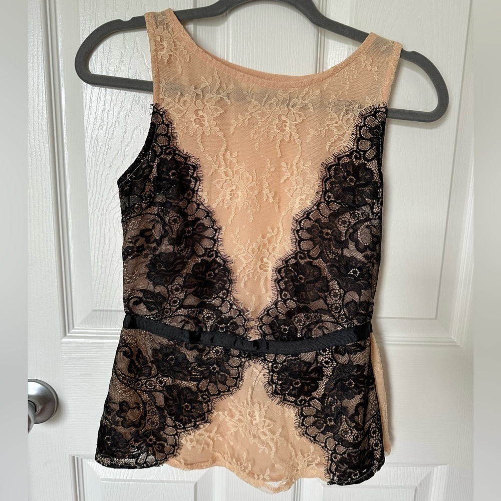Sleeveless Nude Lace Overlay Top with Black Lace Detail